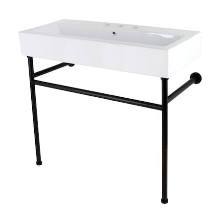 Kingston Brass 39 Porcelain Console Sink with Stainless Steel Legs 8 Centers, WhiteMatte Black VPB3917W0ST